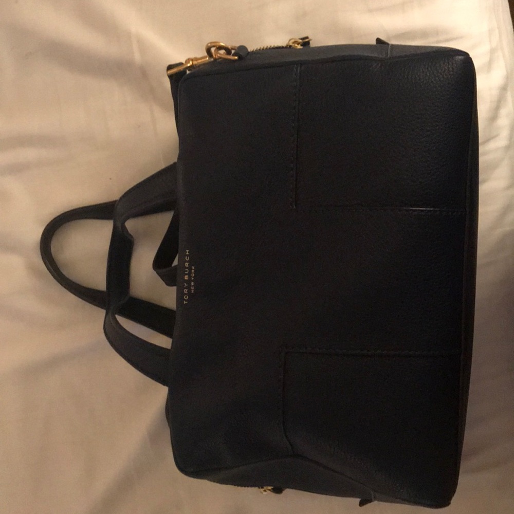 Tory Burch Block T Pebble Zip Satchel-Royal Navy